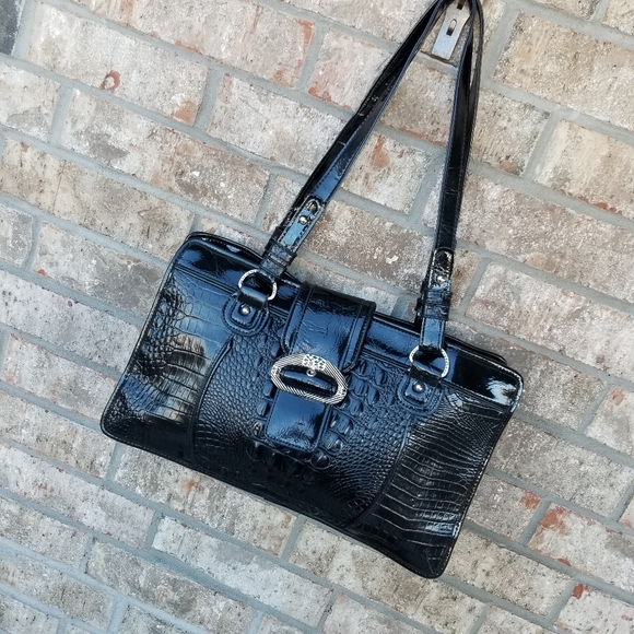 M. C. Marc Chantel Black Patent Croc Embossed Satchel Shoulder Bag Purse (15x9) - Picture 1 of 8